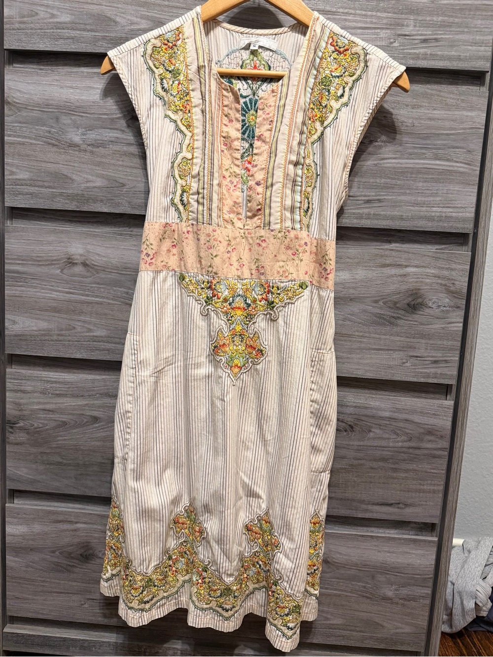 Johnny Was Embroidered Midi Dress M Boho Stripe Floral Tie Waist EUC - Picture 2 of 12